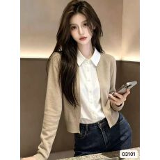 批发甜辣妹通勤翻领假两件<b class='q'>亚麻</b>衬衫拼接针织开衫2026秋冬新ins潮百搭K