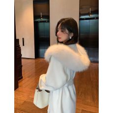 批发雪后初霁 2025毛呢外套新款狐狸毛中长款连帽双面羊绒大衣女<b class='q'>秋</b>冬