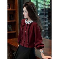 批发法式复古红色灯笼<b class='q'>长袖</b><b class='q'>衬衫女</b>2025秋季新款百搭不撞款荷叶边上衣潮