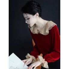 批发法式复古红色荷叶边领丝绒<b class='q'>衬衫</b>2025秋冬新款减龄洋气内搭独特<b class='q'>衬衣</b>