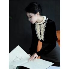 批发法式复古黑色丝绒拼接打底<b class='q'>衬衫女</b>内搭设计感秋冬巨好看甜辣妹上衣