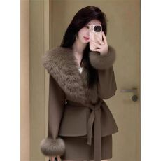 批发气质财阀千金名媛风重要场合绝美超好看咖色外套短<b class='q'>裙</b>两件套装女冬