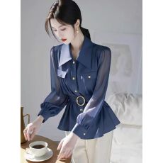 批发港风通勤POLO领收腰长袖<b class='q'>衬衫</b>女高级感时尚<b class='q'>职业</b>独特显瘦百搭上衣