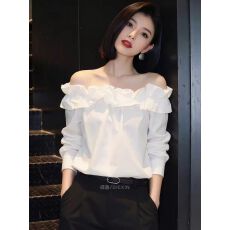 批发2026春季<b class='q'>新款</b>韩系法式温柔风一字肩立体花边白色衬衫<b class='q'>女</b>装气质上衣