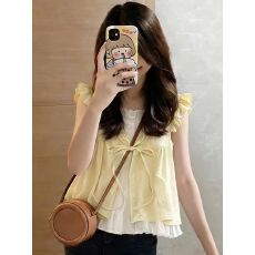 温柔韩系风假两件衬衫女2026年夏季新款荷叶边无袖系带显瘦上衣潮