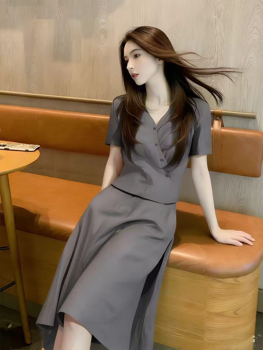 2026 새로운 빛 요리 한 작은 대중 아니요 명중 섹션 초여름 고유 한 아름다운 작은 키 캐주얼 반신 스커트 투피스 슈트 여성
