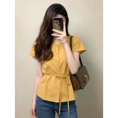 批发黄色衬衫女款<b class='q'>夏</b>装2026年新款轻奢高级感法式小资别致收腰显瘦上衣
