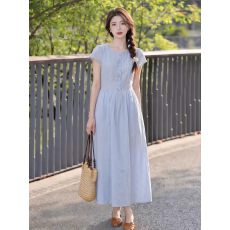 批发法式蓝色蕾丝短袖连衣裙<b class='q'>女装</b>2026夏季新款巨好看的大方得体绝美裙