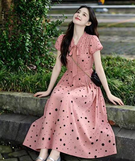 프랑스식 핑크색 도트 무늬 반팔 여성 드레스 2026 여름 새로운 아름다운 작은 대중 아니요 명중 섹션 슬림해 보이는 길다 치마