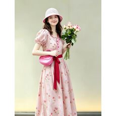 批发气质粉色<b class='q'>泡泡袖</b><b class='q'>连衣裙</b>女26夏季新款大方得体独特绝美巨好看长裙子