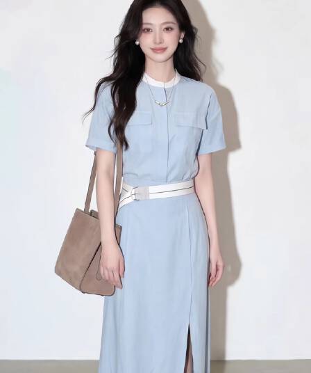 여름 하늘색 스탠드 칼라 반팔 워크웨어 치마 배색 화이트 벨트 이전 트임 부드러운 출퇴근 품격 치마