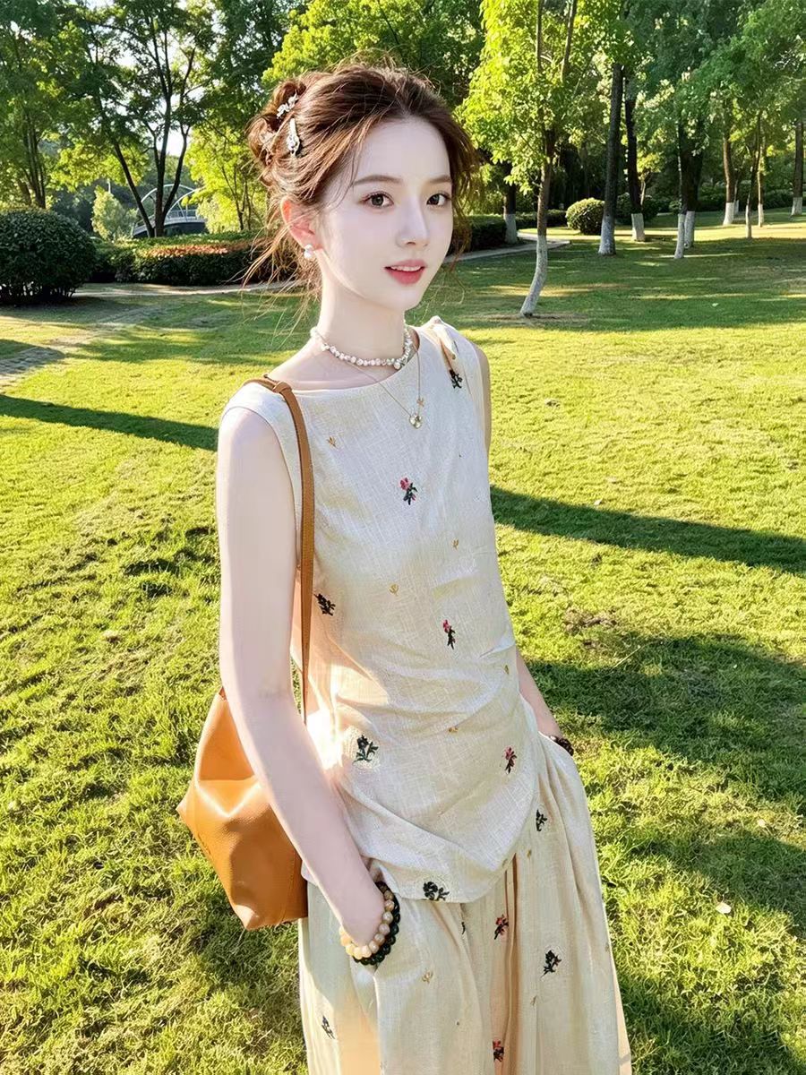슈퍼 화재 연령 감소 전체 집합 착용 가져 가라. 여성 여름 면 린넨 민소매 레이스업 맨위 하이웨이스트 반신 스커트 슬림해 보이는 투피스 세트