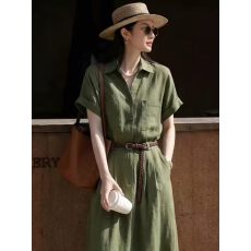批发莱赛尔亚麻短袖<b class='q'>连衣裙女</b>2026夏季薄款通勤风POLO领宽松显瘦衬衫裙