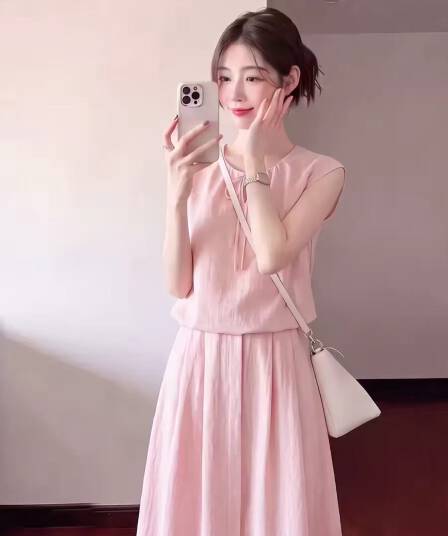 익스트림 제인 바람 민소매 여성 드레스 여름 핑크색 레이스업 허리 수축 롱 스커트 빅 사이즈 슬림해 보이는 고급 센스 우아함 여성