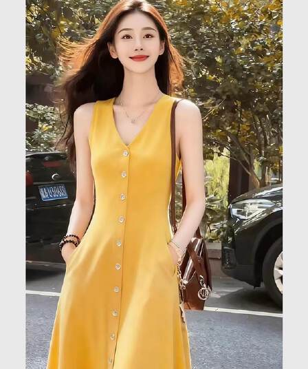 황색 V넥 허리 수축 싱글 줄 버튼 조끼 여성 드레스 2026 새로운 한 부서 특별 아름다운 꼬집기 허리 작은 치마