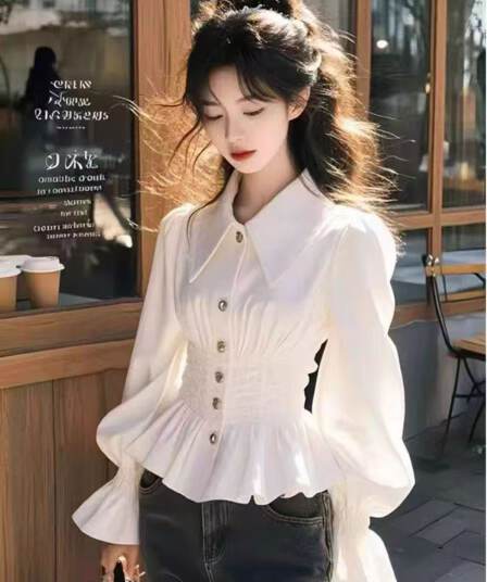 달콤함 부드러운 바람 화이트 고급 센스 긴팔 여성 셔츠 봄 여름 가을 새로운 프랑스식 허리 수축 슬림해 보이는 패션 맨위