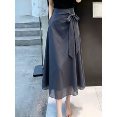 批发轻熟通勤风深灰色系带半身裙女2026夏季新款网纱高腰显瘦A字长裙