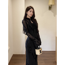 批发GirlsAt18 新中式改良<b class='q'>旗袍</b>黑色网纱连衣裙女秋季性感修身包臀长裙