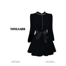 批发伯拉德千金赫本风黑色丝绒长袖<b class='q'>连衣裙</b>秋季短款生日年会<b class='q'>礼服</b>小黑裙