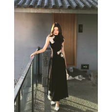 批发木子李的李新中式立领无袖蕾丝刺绣针织连衣裙垂感高腰A字长裙夏