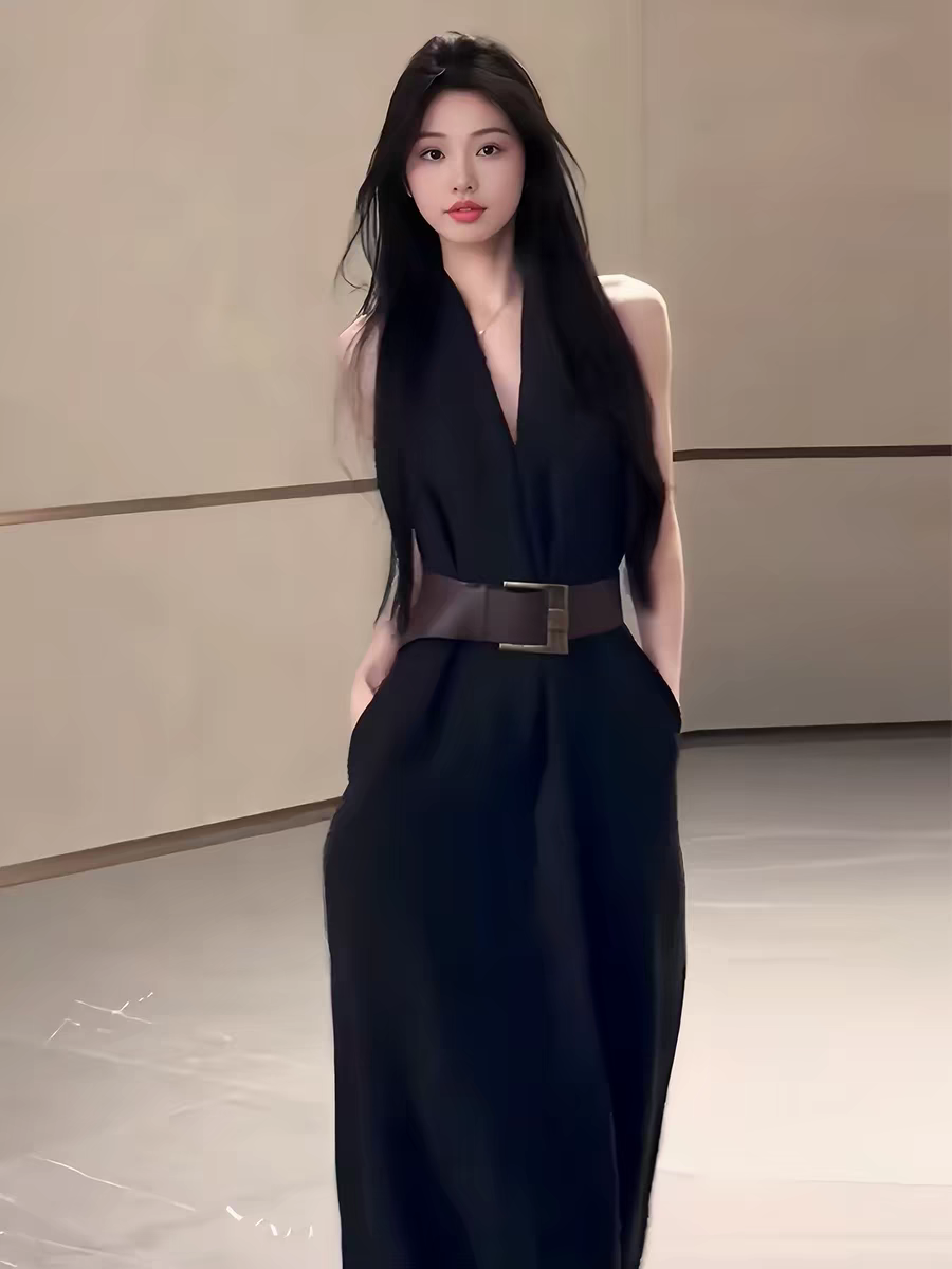 프랑스식 고급 센스 행침 목 V넥 민소매 여성 드레스 여름 새로운 그는 벤 바람 품격 아름다운 조끼 롱 스커트