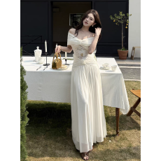 批发INSTUNNIG 法式白色一字肩连衣裙女露背收腰<b class='q'>长裙</b>度假气质仙女裙子