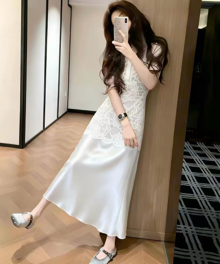 프랑스식 품격 화이트 레이스 셔츠 여성 드레스 2026 여름 새로운 자이언트 잘 생긴 허리 수축 슬림해 보이는 길다 치마