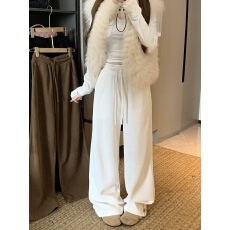 批发实拍大码女装人字纹理阔腿裤秋冬胖mm高腰垂感运动休闲直筒长裤女