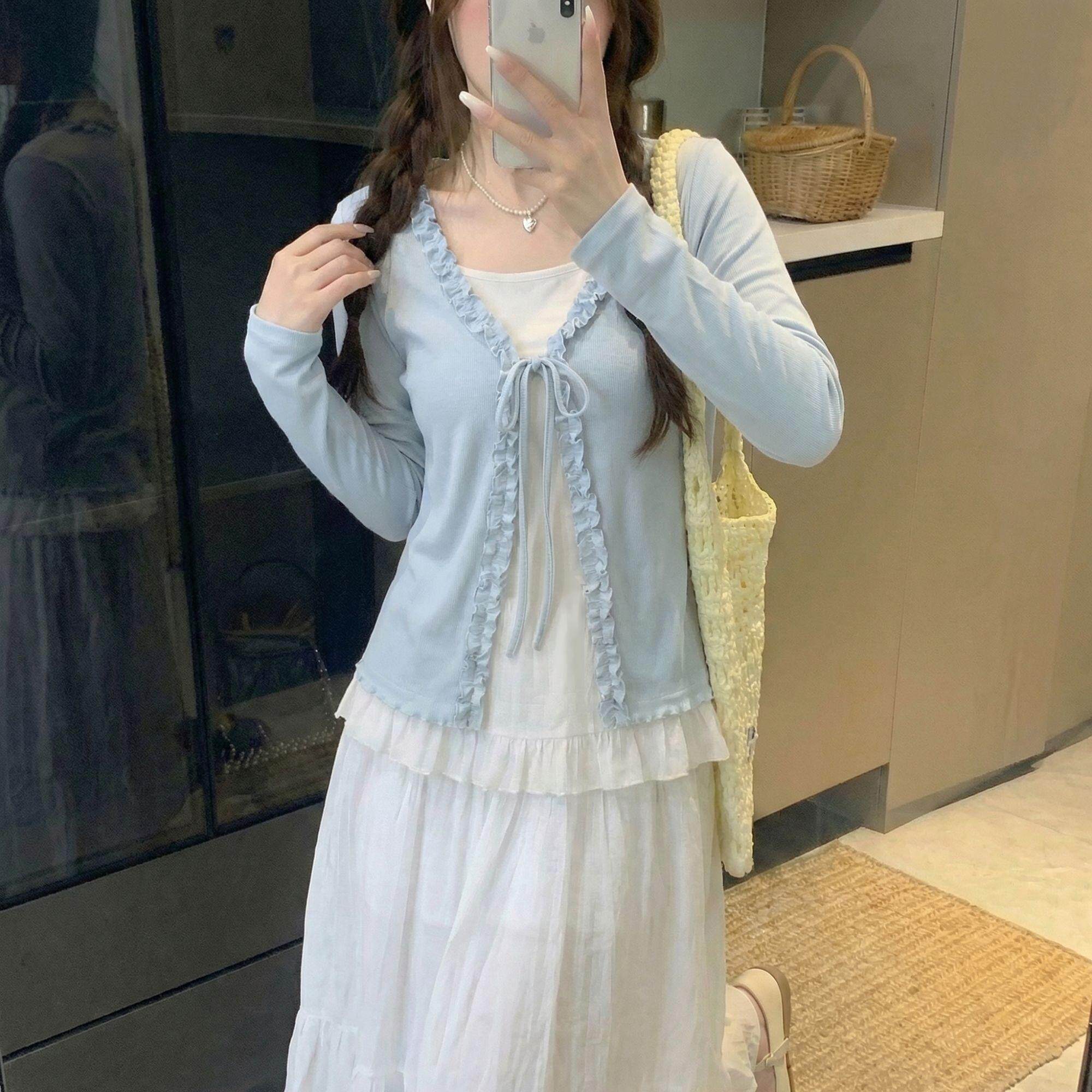 빅 사이즈 지방 mm 봄 한 부서 디자인 센스 페이크 레이어드 레이스업 프릴 긴팔 티셔츠 여성 표지 고기 슬림해 보이는 맨위