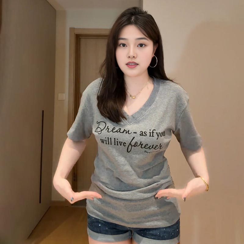 빅 사이즈 지방 mm 외국 가스 다용도 V넥 반팔 프린트 티셔츠 여성 여름 새로운 허리 수축 슬림해 보이는 아메리칸 작은 셔츠 맨위