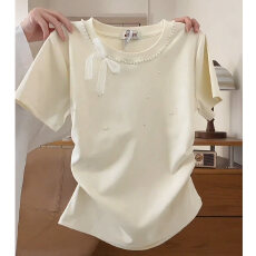 批发大码胖mm法式气质蝴蝶结正肩<b class='q'>短袖</b><b class='q'>T</b><b class='q'>恤</b><b class='q'>女</b>夏设计感钉珠独特别致上衣