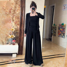 批发<b class='q'>大码</b>春季胖mm韩系慵懒不规则挂脖长袖开衫阔腿裤显瘦藏肉三件套女