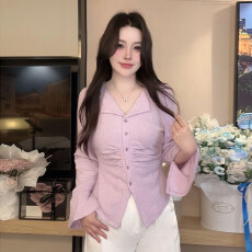 批发大码胖mm法式气质设计感V领长袖<b class='q'>T</b><b class='q'>恤</b>女2026早春季收腰遮肉显瘦上衣