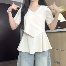 批发大码胖mm夏季宽松休闲V领交叉短袖T恤女薄款荷叶边遮肚子小衫上衣