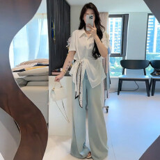 批发<b class='q'>大码</b>胖mm收腰百搭系带短袖衬衫女夏季法式风设计感POLO领衬衣上衣