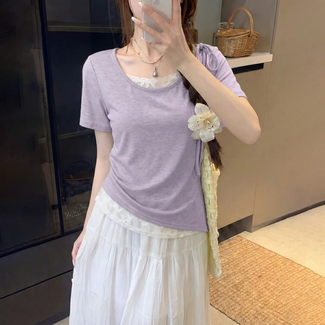 빅 사이즈 부드러운 바람 레이스 페이크 레이어드 반팔 티셔츠 여성 여름 지방 mm 슬림해 보이는 품격 Chic 아름다운 작은 맨위