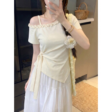 批发大码今年流行漂亮的女装夏季<b class='q'>胖</b><b class='q'>mm</b>设计感显瘦不规则露肩辣妹风上衣
