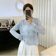 批发大码韩系设计感镂空长袖针织开衫女胖mm夏季薄款显瘦防晒外套上衣