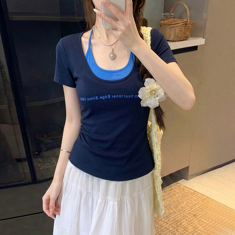 빅 사이즈 여성 의류 아메리칸 핫걸 페이크 레이어드 행침 목 반팔 티셔츠 여름 지방 mm 고유 한 아름다운 그레이트 봐. 의류