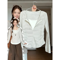 批发大码女装假两件条纹长袖<b class='q'>T</b><b class='q'>恤</b>2026秋季新款胖mm遮肉显瘦打底衫上衣