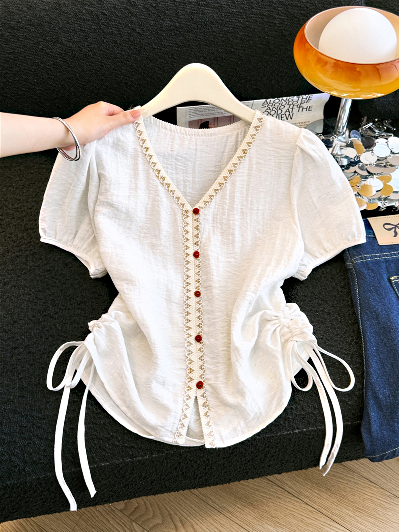실사 2026 여름 프랑스식 V넥 품격 면 린넨 반팔 티셔츠 여성 디자인 센스 슈퍼 잘 생긴 펌프 로프 면 린넨 셔츠
