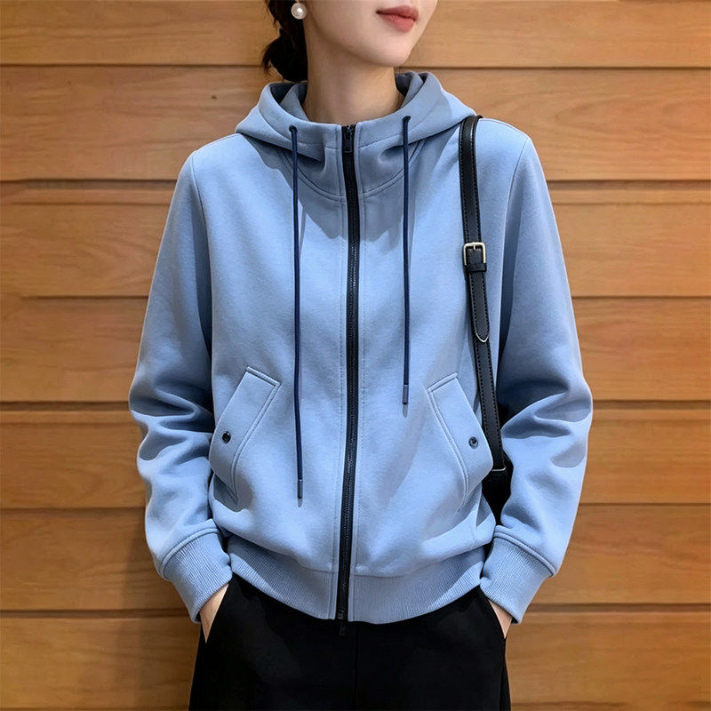BY35048# 蓝色连帽卫衣外套女士秋冬季新款宽松减龄休闲慵懒风开衫上衣 服裝批發女裝批發服飾貨源