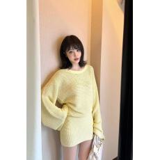 批发不冷BULENG纯欲辣妹斜肩黄色长袖针织连衣裙女<b class='q'>夏</b>宽松休闲收腰短裙