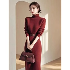 批发韩国<b class='q'>高档</b>冷淡系气质名媛时尚高领OL过膝针织毛衣<b class='q'>连衣裙</b>秋冬配腰带
