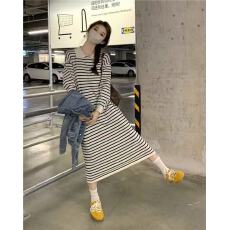 批发韩国复古慵懒风POLO<b class='q'>翻领</b>撞色条纹针织毛衣<b class='q'>连衣裙</b>女秋冬宽松遮肚子