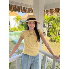 批发十三行2026春新款简约气质钉珠丝巾系带圆领短袖<b class='q'>针织衫</b>女显瘦t恤