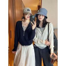 批发KISS SISTER十三行春季新款韩系软糯撞色<b class='q'>假两件</b>连帽长袖<b class='q'>针织衫</b>女