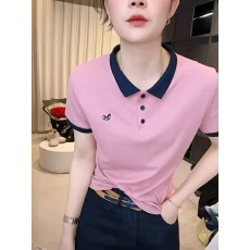 批发撞色POLO领粉色正肩短袖T恤女2026夏季新款修身显瘦气质体恤上衣