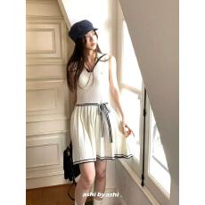 批发大于诗集 旧日海风 撞色海军风V领条纹腰带无袖连衣裙百褶裙短裙