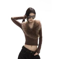 批发2025秋冬辣妹风大毛领V领<b class='q'>紧身</b>短款上衣女修身显瘦长袖打底衫潮